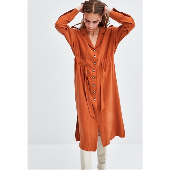 Zara Terracotta Flowing Midi Shirt Dress NWT Med - Picture 3 of 11
